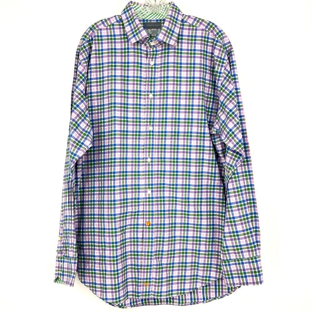 Men’s Thomas Dean Button Dress Shirt Tall XL Gingham Print Blue Purple Green